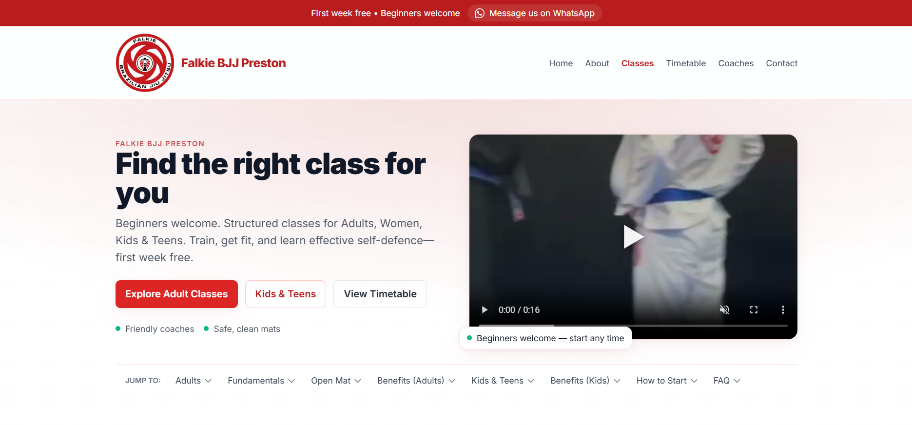 Jiu jitsu club website layout