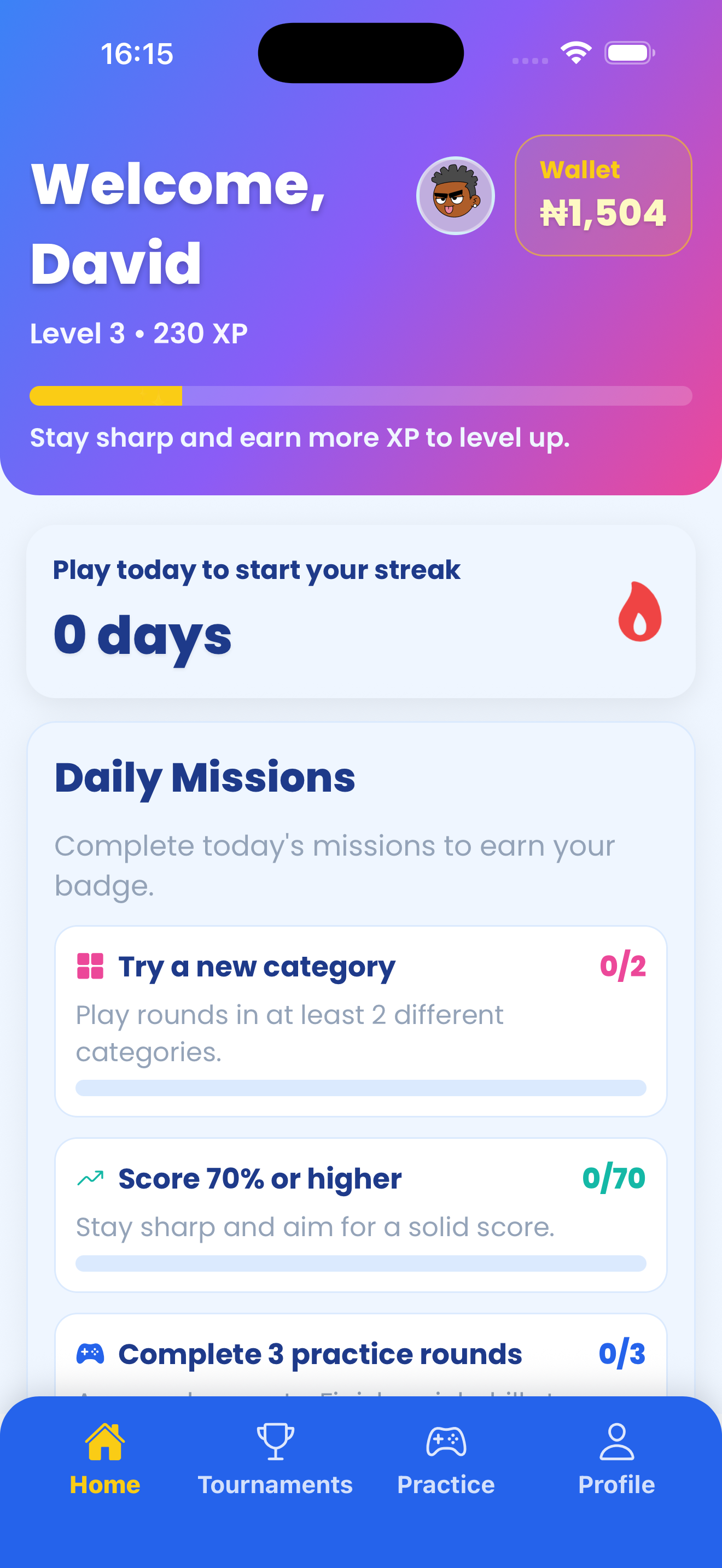 Mobile trivia app UI