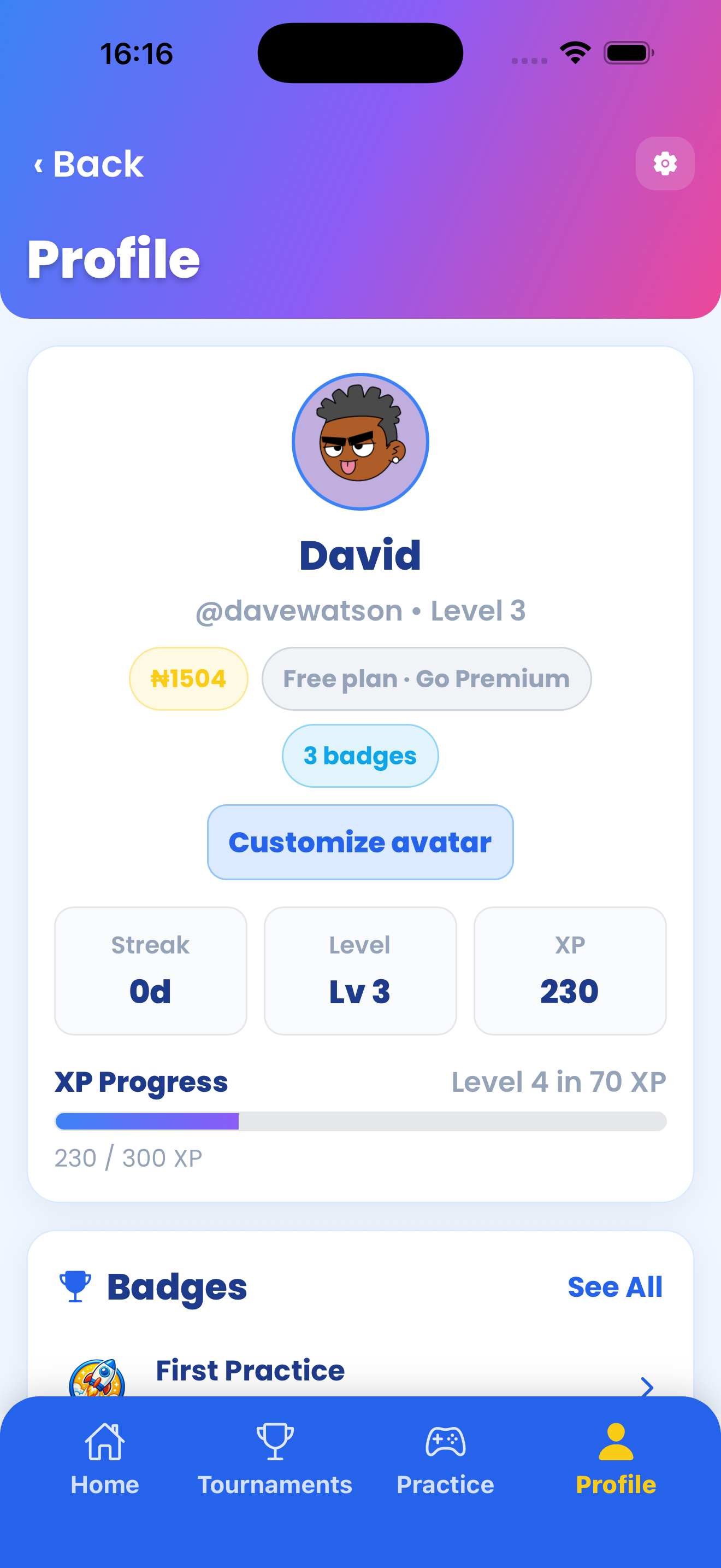 Isabee Trivia profile screen